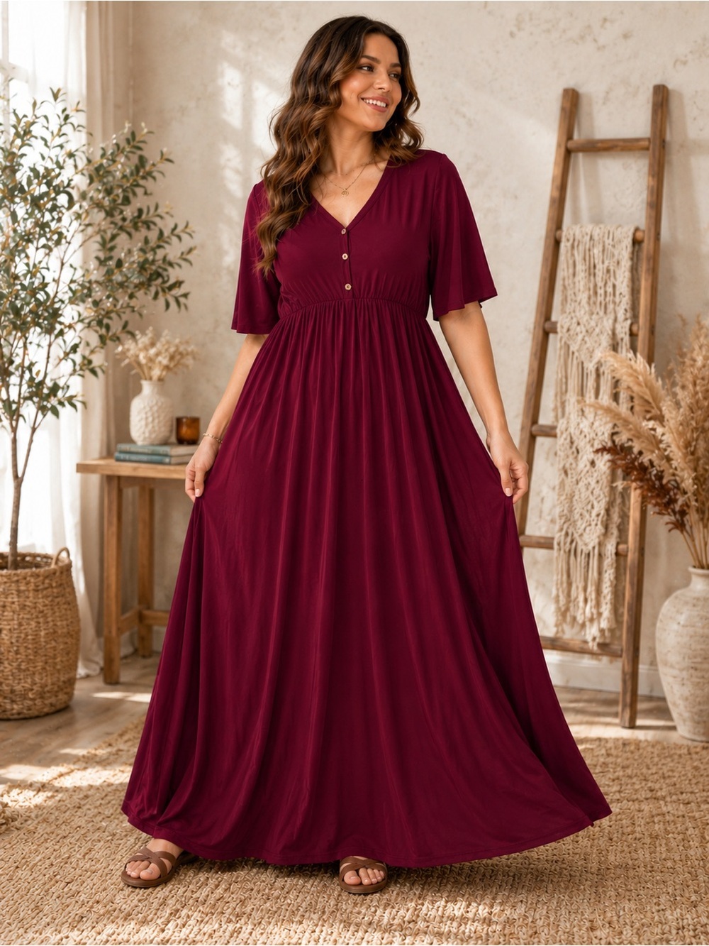 Allegrace 2XL Burgundy Maxi Dress Empire Waist Button Front Casual Boho